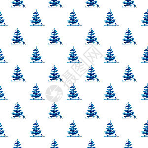 蓝色圣诞水彩画松树和雪橇无缝图案 手绘冷杉树背景或壁纸或圣诞 Gif 枞树 冬青图片