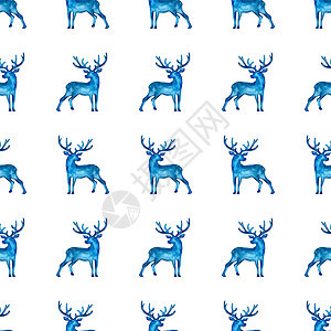 驯鹿圣诞水彩鹿雄鹿无缝图案蓝色 或的手绘动物驼鹿背景或墙纸 圣诞节 打印图片