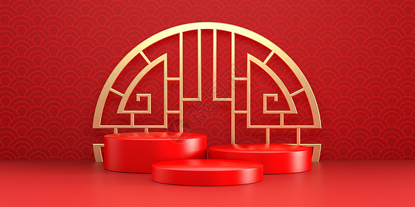 中国新年红红现代风格 三个讲台产品展示品 配有金徽章和中国模式背景 假日传统庆典标语概念 3D 插图使图形设计化图片