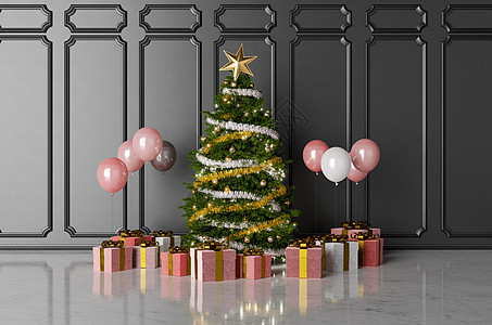 带礼物和气球的圣诞树图片