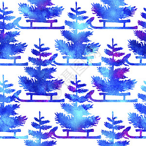 蓝色圣诞水彩画松树和雪橇无缝图案 手绘冷杉树背景或壁纸或圣诞 Gif 装饰品 自然图片