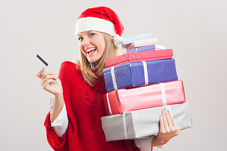 圣诞购物 美丽的 顾客 传统文化 支付 成人 销售 帽子 购物包图片