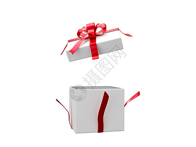 白色礼物盒 红丝带3D布置 1在白背景和剪切路径上图片