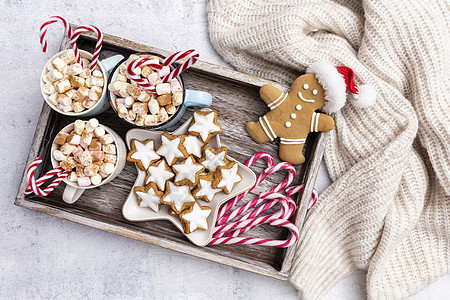 姜饼加杯热巧克力和圣诞糖果甘蔗 杯子 寒冷的 快乐的图片