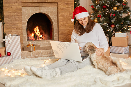 戴着红帽的快乐女孩坐在笔记本电脑前 和可爱的狗一起坐在圣诞树上 圣诞树上有灯光 壁炉和礼物 在节日的房间里 女性用快乐的表情看着图片