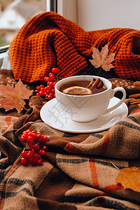 秋天的心情概念;热茶 柠檬和肉桂棒放在舒适的毛衣围巾背景上;落叶和浆果成份还活着;一小杯混音葡萄酒;茶时间 秋季 马克杯图片