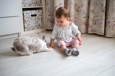 在家里玩装饰性兔子的可爱小宝宝 美丽的 耳朵 头发图片