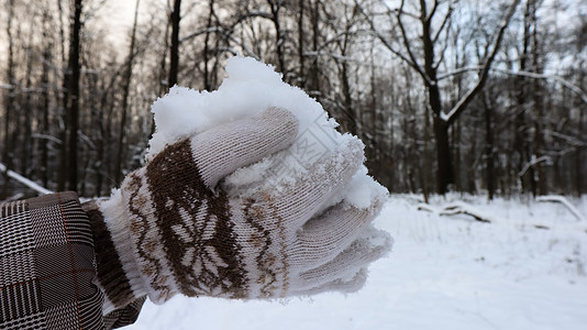 冬天 戴着针织手套的女人的手在外面握着天然柔软的白雪 欢乐的冬日时光 手捧冷雪 在冬天花时间在大自然中 快乐的 寒冷图片