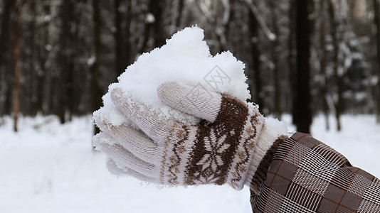 冬天 戴着针织手套的女人的手在外面握着天然柔软的白雪 欢乐的冬日时光 手捧冷雪 在冬天花时间在大自然中 干净的 美丽的图片