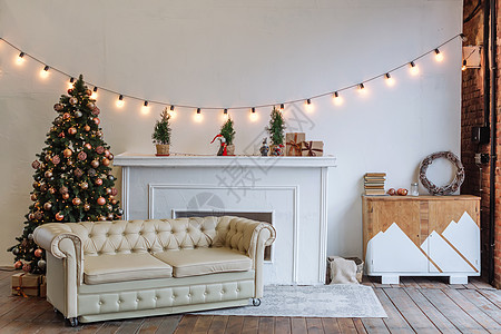 白色沙发 装饰圣诞树 壁炉和园地的亮色内衣图片