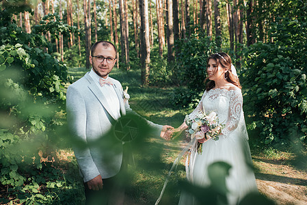 新娘和新郎的结婚照片 以灰粉色 在森林和岩石中的自然 女孩 手图片