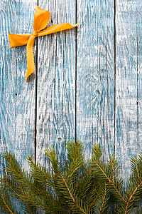 蓝木背景的fir 树枝和金丝带弓 复制空间顶视图 空白的 黄色的图片