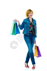 一只手牵着一堆购物袋的女子 在白色上被孤立 女士 成人图片
