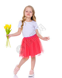 小女孩带着一束郁金香 开花 女性 微笑 花束 快乐图片