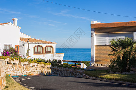 西班牙别墅设计 建筑和建筑概念   海滩上的住房背景