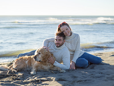 有狗在海滩上享受时间的情侣 浪漫的 关心 家庭 可爱的图片