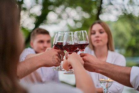 朋友在户外野餐宴会边喝红酒 一边烤红酒杯 吃 水果图片