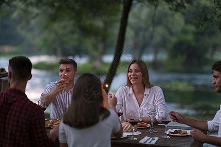 暑假期间在户外野餐晚宴的法国朋友聚会 自然图片