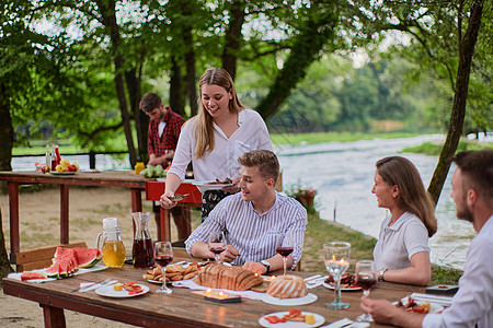 暑假期间在户外野餐晚宴的法国朋友聚会 夏天图片