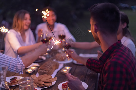 朋友在户外野餐宴会边喝红酒 一边烤红酒杯 女性 玻璃图片