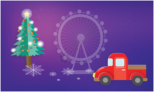 带有一辆红色汽车和抽象背景上美丽的树的圣诞物品; 礼物 有趣的图片