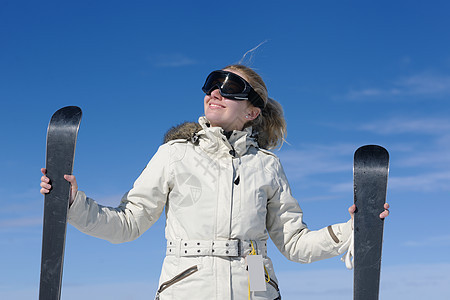 冬季妇女滑雪 木板 旅行 户外 冬天 蓝色的 成人图片