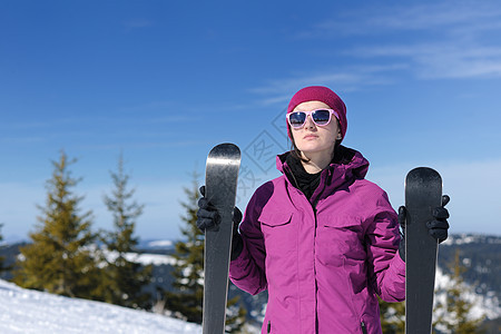 冬季妇女滑雪 户外 快乐的 女性 运动 女孩 活动 蓝色的图片