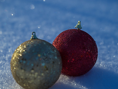 在雪中装饰圣诞球 冬天 季节 蓝色的 松树 闪光图片