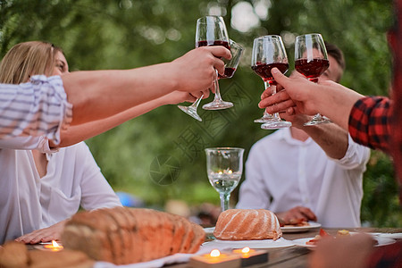 朋友在户外野餐宴会边喝红酒 一边烤红酒杯 藤蔓 派对图片