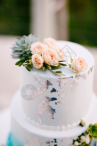 盛满玫瑰和助产品的婚礼蛋糕顶端图片
