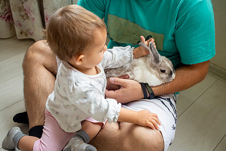 婴儿女婴在父亲手中玩装饰兔子的游戏图片