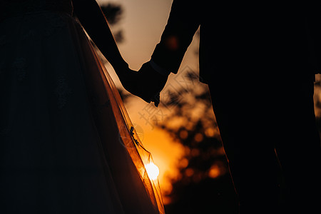 爱与情人节的概念 日落时一对手握手的情侣亲近对方双手 太阳 新娘图片
