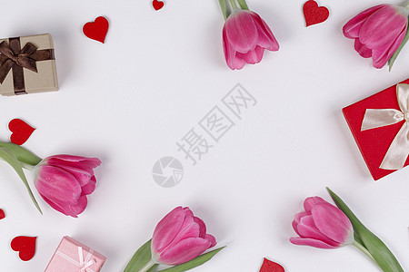 情人节花花和礼物 花束 花的 平铺 横幅 春天 爱图片