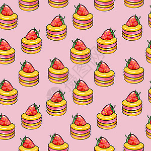 彩虹无缝图案圆圆黄 红色蛋糕 粉红色背景的草莓装饰品 面包店 糖果图片