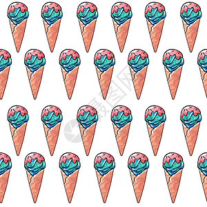蓝红冰淇淋在松饼杯中的无缝龙虾型蓝红冰淇淋 以白色孤立背景的水果莓味 樱桃 插图图片