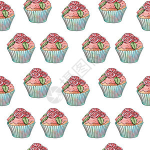 蓝底的纸杯蛋糕和白孤立背景的粉红色奶油莓填料无缝丝条纹型纸杯蛋糕图片