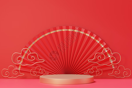 以中国农历新年为主题的空白讲台最小场景的 3d 渲染 用于产品展示模型的展示架 中国传统质地 陈列柜 金子背景图片