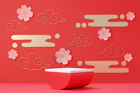 以中国农历新年为主题的空白讲台最小场景的 3d 渲染 用于产品展示模型的展示架 中国传统质地 装饰品 假期背景图片