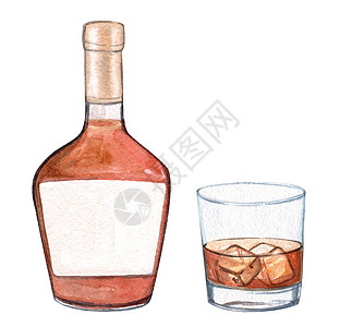 在白色背景上隔绝的威士忌瓶和玻璃杯图片