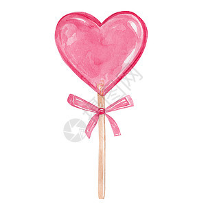 粉红色的心形棒棒糖在一根棍子上 用粉红弓将白色背景与白隔绝图片