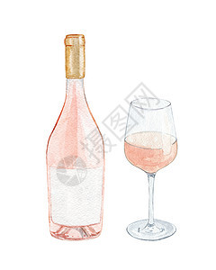 玫瑰红酒瓶和玻璃杯在白色背景上隔绝图片