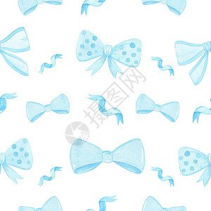 在白背景上绘制蓝色弓和丝带的无缝图案 用于包装纸 婴儿淋浴 剪布 卡片图片
