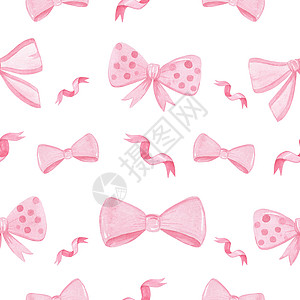 手绘丝带粉红色弓和丝带无缝结构 适合织物 纺织 包装纸 剪布 布局 婴儿淋浴背景