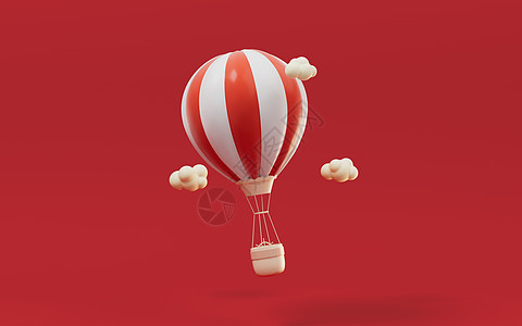 热气球卡通红色卡通热气球 3D投影 插图 有条纹的 复古的背景