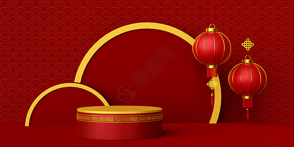 3d 中国新年横幅插图 配有讲台和中国灯笼 卡片 纸图片