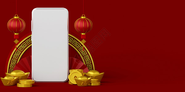 3d 三张中国新年横幅 手持智能手机 挂灯 烟花和硬币图片