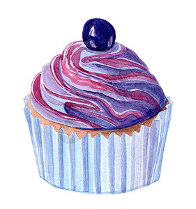 水彩手画紫色纸杯蛋糕 在白色背景上隔离蓝莓图片