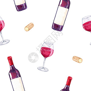 手绘红酒水彩红酒瓶和眼镜在白色背景上的无缝图案 用于餐厅壁纸 菜单设计 织物 酒厂图像 餐巾纸印刷背景