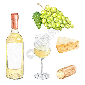 葡萄手绘水彩白葡萄酒和奶酪套装隔离在白色背景上 手绘绿色葡萄果实和玻璃酒瓶背景