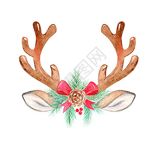 白底隔离的圣诞节装饰品水色鹿鹿鹿角图片